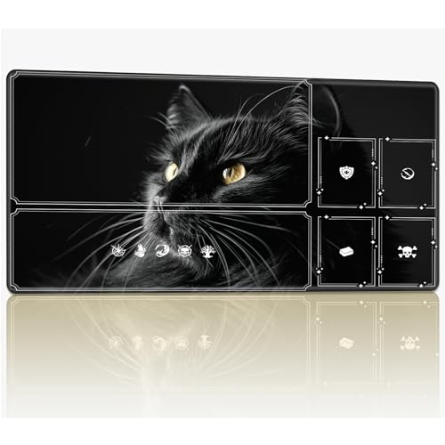 Tabletop Card Playmat with Magic Zones, 61.0 cmx35.6 cm Stitched TCG Card Play Mat Commander, Board Game Mats Smooth Rubber Surface Battle Game Desk Mat, Black Cat von BWEGRHE