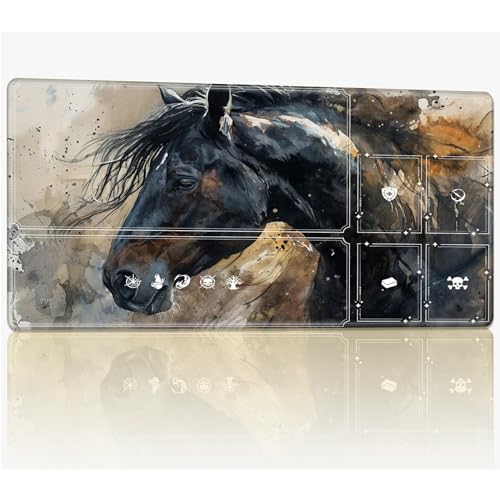 Tabletop Card Playmat with Magic Zones, 61.0 cmx35.6 cm Stitched TCG Card Play Mat Commander, Board Game Mats Smooth Rubber Surface Battle Game Desk Mat, Black Horse von BWEGRHE