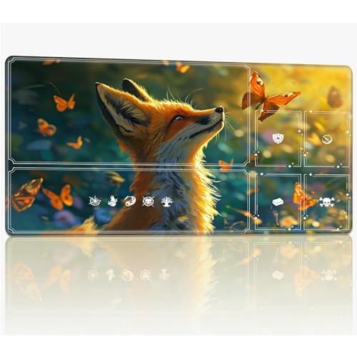 Tabletop Card Playmat with Magic Zones, 61.0 cmx35.6 cm Stitched TCG Card Play Mat Commander, Board Game Mats Smooth Rubber Surface Battle Game Desk Mat, Fox von BWEGRHE