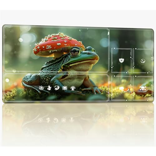 Tabletop Card Playmat with Magic Zones, 61.0 cmx35.6 cm Stitched TCG Card Play Mat Commander, Board Game Mats Smooth Rubber Surface Battle Game Desk Mat, Frog Mushroom von BWEGRHE