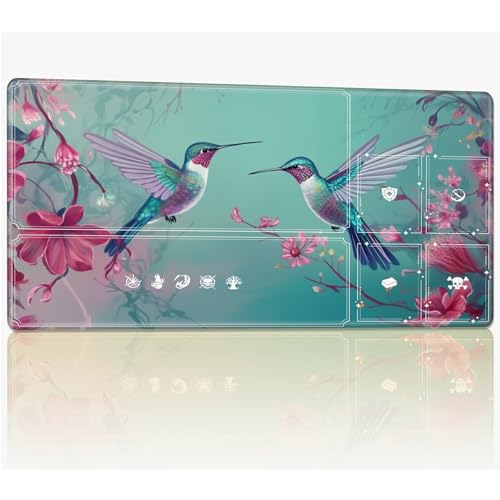 Tabletop Card Playmat with Magic Zones, 61.0 cmx35.6 cm Stitched TCG Card Play Mat Commander, Board Game Mats Smooth Rubber Surface Battle Game Desk Mat, Hummingbirds Pink Flowers von BWEGRHE