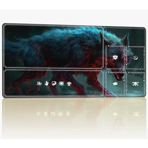 Tabletop Card Playmat with Magic Zones, 61.0 cmx35.6 cm Stitched TCG Card Play Mat Commander, Board Game Mats Smooth Rubber Surface Battle Game Desk Mat, Lightning Wolf von BWEGRHE