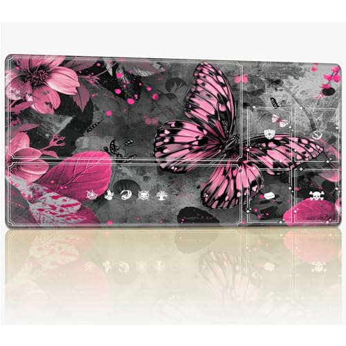 Tabletop Card Playmat with Magic Zones, 61.0 cmx35.6 cm Stitched TCG Card Play Mat Commander, Board Game Mats Smooth Rubber Surface Battle Game Desk Mat, Pink Butterfly von BWEGRHE