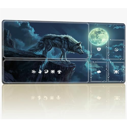 Tabletop Card Playmat with Magic Zones, 61.0 cmx35.6 cm Stitched TCG Card Play Mat Commander, Board Game Mats Smooth Rubber Surface Battle Game Desk Mat, Wolf Full Moon von BWEGRHE