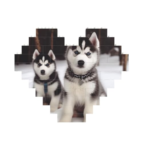 Entzückende Huskies Baustein-Puzzle, herzförmig, personalisiertes Bild, Puzzle, Foto-Puzzles für Erwachsene, 3D-Mikro-Bausteine für Heimdekoration, Steine-Set von BWLHJKE