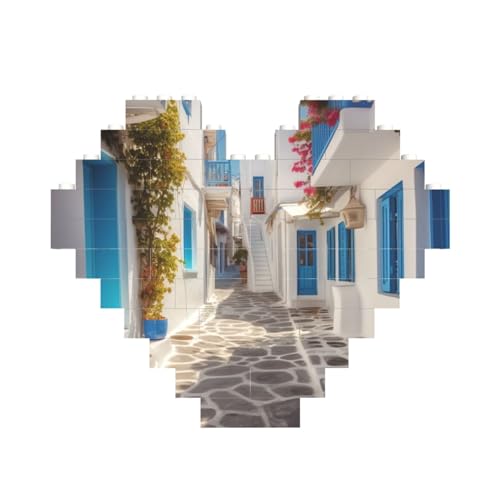 Griechenland Straßenbaustein-Puzzle in Herzform, personalisiertes Bild, Puzzle, Foto-Puzzles für Erwachsene, 3D-Mikro-Bausteine für Heimdekoration, Steine-Set von BWLHJKE