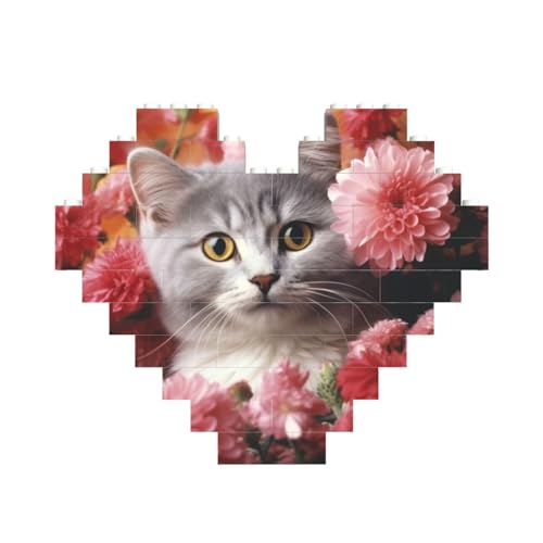 Katze in Blumen, Baustein-Puzzle, herzförmig, personalisiertes Bild, Puzzle, Foto-Puzzles für Erwachsene, 3D-Mikro-Bausteine für Heimdekoration, Ziegel-Set von BWLHJKE
