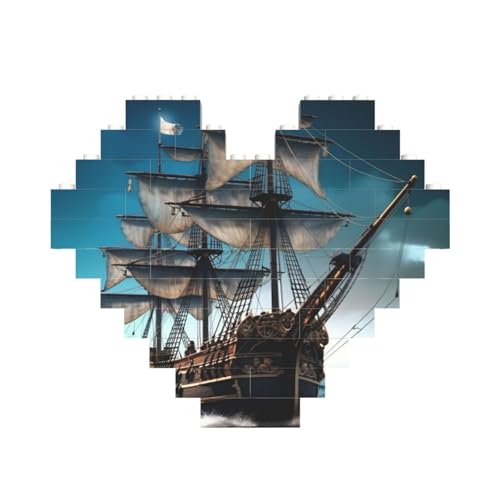 Piratenschiff-Baustein-Puzzle, herzförmig, personalisiertes Bild, Puzzle, Foto-Puzzles für Erwachsene, 3D-Mikro-Bausteine für Heimdekoration, Steine-Set von BWLHJKE