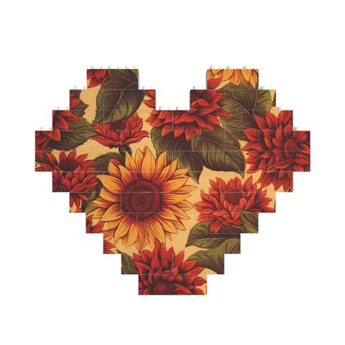Rote Sonnenblumen-Baustein-Puzzle, herzförmig, personalisiertes Bild, Puzzle, Foto-Puzzles für Erwachsene, 3D-Mikro-Bausteine für Heimdekoration, Steine-Set von BWLHJKE