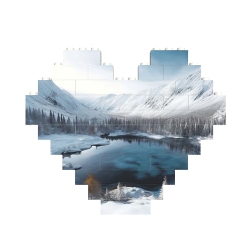 Wintergebirge, Schneeszene, Baustein-Puzzle, herzförmig, personalisiertes Bild, Puzzle, Foto-Puzzles für Erwachsene, 3D-Mikro-Bausteine für Heimdekoration, Steine-Set von BWLHJKE