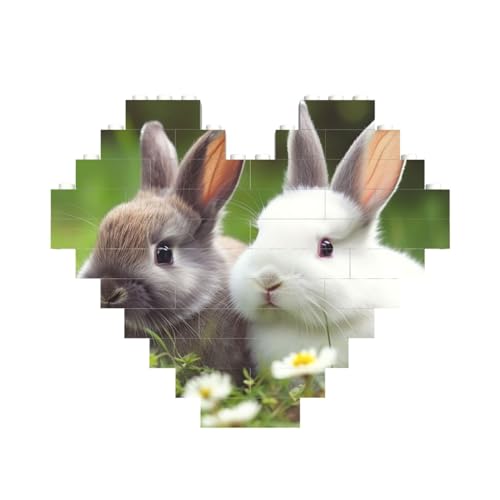 Zwei kleine niedliche Kaninchen, Baustein-Puzzle, herzförmig, personalisiertes Bild, Puzzle, Foto-Puzzles für Erwachsene, 3D-Mikro-Bausteine für Heimdekoration, Steine-Set von BWLHJKE