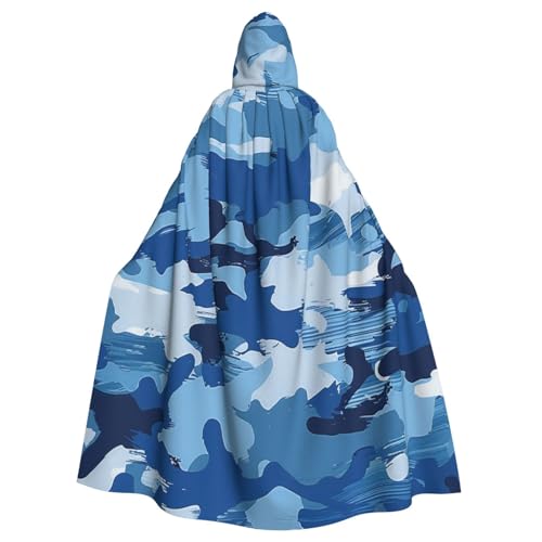 BWWHCCTI Blauer Camouflage-bedruckter Kapuzenumhang für Unisex-Erwachsene, Halloween, Cosplay, Kostüme, langer Kapuzenmantel von BWWHCCTI