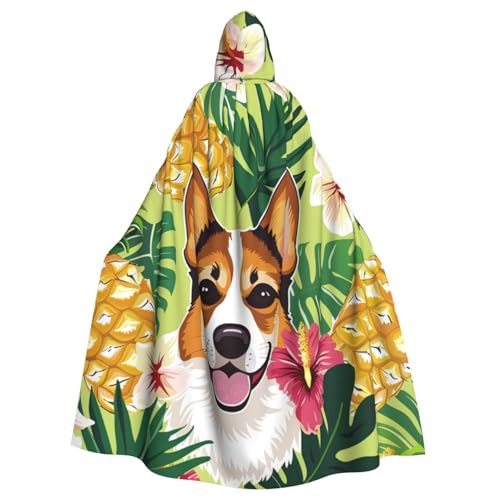 BWWHCCTI Corgi Hawaiianischer tropischer Sommer-Ananas-Umhang mit Kapuze, für Unisex, Erwachsene, Halloween, Cosplay, Kostüme, langer Kapuzenmantel von BWWHCCTI