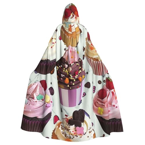 BWWHCCTI Delicious Cupcakes bedruckter Kapuzenumhang für Unisex-Erwachsene, Halloween, Cosplay, Kostüme, langer Kapuzenmantel von BWWHCCTI