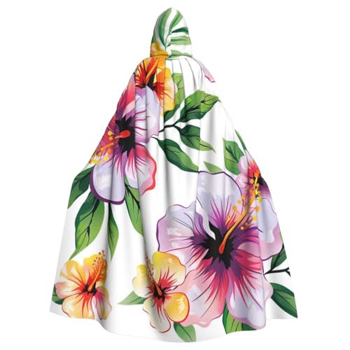 BWWHCCTI Hawaiianischer Blumendruck, 1 bedruckter Kapuzenumhang für Unisex-Erwachsene, Halloween, Cosplay, Kostüme, langer Kapuzenmantel von BWWHCCTI