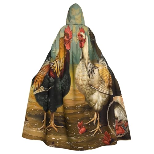 BWWHCCTI Kapuzenumhang mit Huhn und Hahn, bedruckt, für Unisex, Erwachsene, Halloween, Cosplay, Kostüme, langer Kapuzenmantel von BWWHCCTI