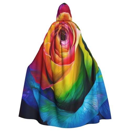 BWWHCCTI Kapuzenumhang mit Regenbogen-Rose, bedruckt, für Erwachsene, Halloween, Cosplay, Kostüme, langer Umhang mit Kapuze von BWWHCCTI