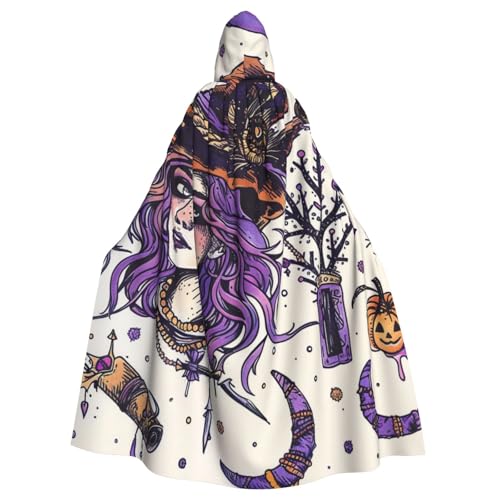 BWWHCCTI Magische Hexe, Hexerei, Bohemian-Zeichnung, bedruckter Kapuzenumhang für Unisex-Erwachsene, Halloween, Cosplay, Kostüme, langer Kapuzenumhang von BWWHCCTI