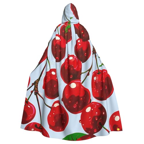 BWWHCCTI Rote Kirschen bedruckter Kapuzenumhang für Unisex-Erwachsene, Halloween, Cosplay, Kostüme, langer Kapuzenmantel von BWWHCCTI