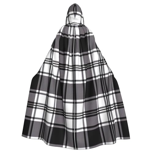 BWWHCCTI Schwarzer und weißer karierter Kapuzenumhang für Unisex-Erwachsene, Halloween, Cosplay, Kostüme, langer Kapuzenmantel von BWWHCCTI