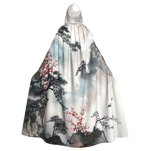 BWWHCCTI Umhang mit chinesischer Landschaftsmalerei, bedruckter Kapuzenumhang für Unisex-Erwachsene, Halloween, Cosplay, Kostüme, langer Umhang mit Kapuze von BWWHCCTI