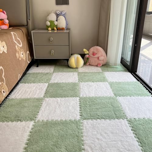 12 Stück Teppich-Quadrate, Puzzle-Bodenmatte, ineinandergreifende Plüsch-Teppichfliesen, rutschfeste EVA-Schaum-Puzzle-Bodenfliesen, schaffen einen sicheren Bereich für Schlafzimmer, Spielzimmer (Grün von BXEBUI