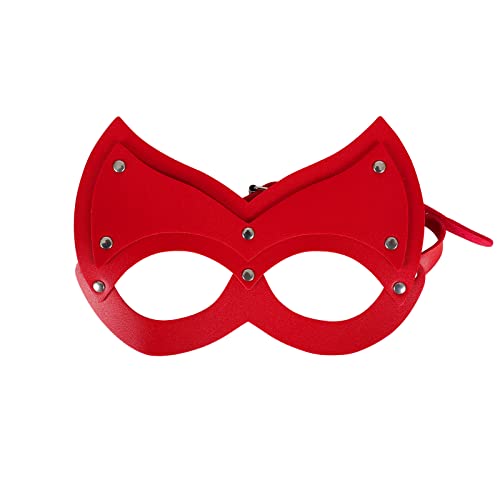 BYDHSS PU Ledermasken Schwarze Maske für Frauen Ohren Halbe Gesichtsmaske Erwachsene Cosplay Kostüm Party Requisiten Zubehör (Rot) von BYDHSS