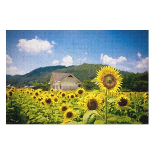 Summer Sunflowers House, Sky, Clouds，Puzzle für Erwachsene und Kinder ab 14 Jahren, 1000 StüCk，，Lernspielzeug FüR Kinder 38x26Papier von BYErz