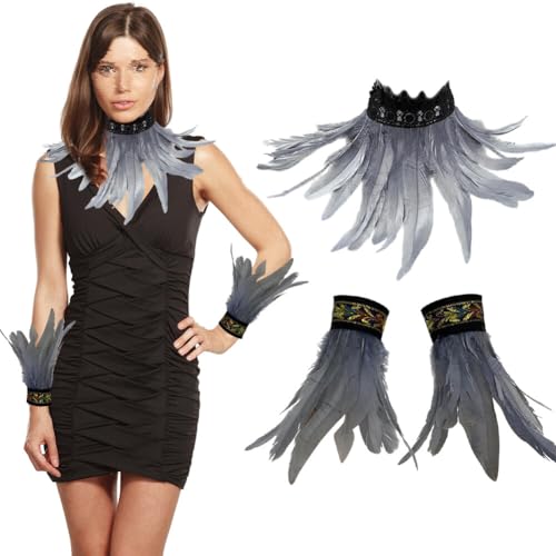 3er Set Gothic Feder Achselzucken mit Feder Manschetten, Federkragen Rabe Hexe Priesterin Kostüm Hahnfeder Armbänder Federumhang Federrock Kostüm Choker Kragen für Halloween Karneval Maskerade Cosplay von BYNYXI