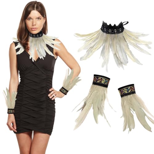 3er Set Gothic Feder Achselzucken mit Feder Manschetten, Federkragen Rabe Hexe Priesterin Kostüm Hahnfeder Armbänder Federumhang Federrock Kostüm Choker Kragen für Halloween Karneval Maskerade Cosplay von BYNYXI