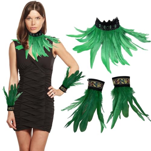 3er Set Gothic Feder Achselzucken mit Feder Manschetten, Federkragen Rabe Hexe Priesterin Kostüm Hahnfeder Armbänder Federumhang Federrock Kostüm Choker Kragen für Halloween Karneval Maskerade Cosplay von BYNYXI