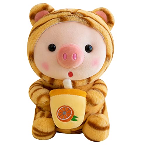 BYNYXI 25cm Plüschtier Tiger Stofftier Kuscheltier, Kawaii Plüschkissen Gefüllte Kuscheltier Pinguin Frosch Schwein Kuscheltier mit Milchtee Tasse Tier Weiche Puppe Geschenk für Kinder Jungen Mädchen von BYNYXI