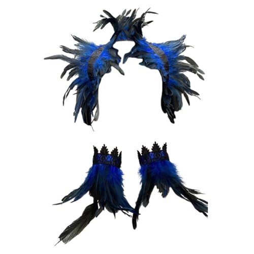 BYNYXI 3er Set Gothic Feder Achselzucken mit Feder Manschette, Damen Federumhang Maleficent Kostüm Feder Umhang Cape Federboa Feder Shrug Schal Schulterumhang für Halloween Cosplay Fasching Kostüm von BYNYXI