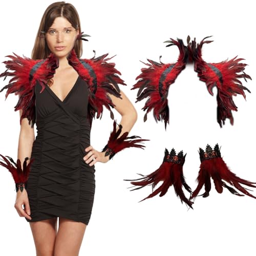 BYNYXI 3er Set Gothic Feder Achselzucken mit Feder Manschette, Damen Federumhang Maleficent Kostüm Feder Umhang Cape Federboa Feder Shrug Schal Schulterumhang für Halloween Cosplay Fasching Kostüm von BYNYXI