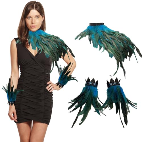 BYNYXI 3er Set Gothic Feder Achselzucken mit Feder Manschette, Damen Federumhang Maleficent Kostüm Feder Umhang Cape Federboa Feder Shrug Schal Schulterumhang für Halloween Cosplay Fasching Kostüm von BYNYXI