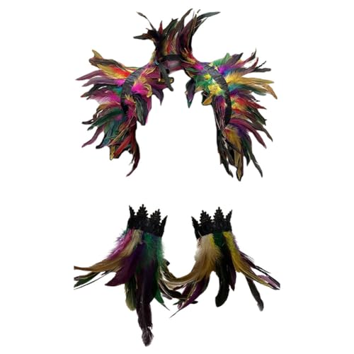 BYNYXI 3er Set Gothic Feder Achselzucken mit Feder Manschette, Damen Federumhang Maleficent Kostüm Feder Umhang Cape Federboa Feder Shrug Schal Schulterumhang für Halloween Cosplay Fasching Kostüm von BYNYXI