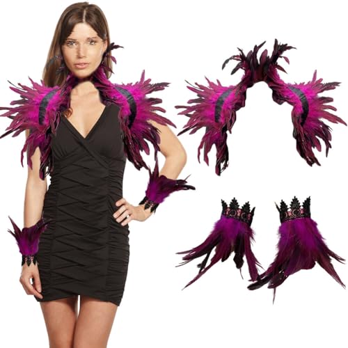 BYNYXI 3er Set Gothic Feder Achselzucken mit Feder Manschette, Damen Federumhang Maleficent Kostüm Feder Umhang Cape Federboa Feder Shrug Schal Schulterumhang für Halloween Cosplay Fasching Kostüm von BYNYXI