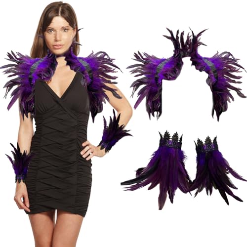 BYNYXI 3er Set Gothic Feder Achselzucken mit Feder Manschette, Damen Federumhang Maleficent Kostüm Feder Umhang Cape Federboa Feder Shrug Schal Schulterumhang für Halloween Cosplay Fasching Kostüm BYNYXI 3er Set Gothic Feder Achselzucken mit Feder Manschette, Damen Federumhang Maleficent Kostüm Feder Umhang Cape Federboa Feder Shrug Schal Schulterumhang für Halloween Cosplay Fasching Kostüm von BYNYXI