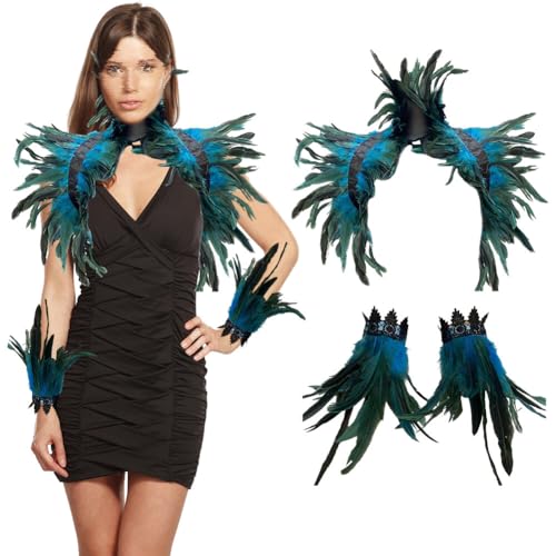 BYNYXI 3er Set Gothic Feder Achselzucken mit Feder Manschette, Damen Federumhang Maleficent Kostüm Feder Umhang Cape Federboa Feder Shrug Schal Schulterumhang für Halloween Cosplay Fasching Kostüm von BYNYXI