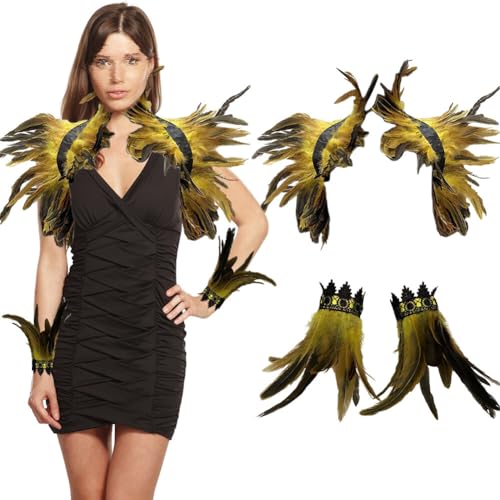 BYNYXI 3er Set Gothic Feder Achselzucken mit Feder Manschette, Damen Federumhang Maleficent Kostüm Feder Umhang Cape Federboa Feder Shrug Schal Schulterumhang für Halloween Cosplay Fasching Kostüm von BYNYXI