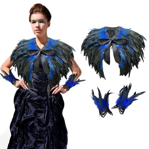 BYNYXI Gothic Feder Achselzucken Schalkragen, Damen Federumhang mit Feder Manschetten Cape Halloween Kostüm Epauletten Schulterumhang Gothic Kragen Poncho Kragen für Halloween Karneval Cosplay von BYNYXI