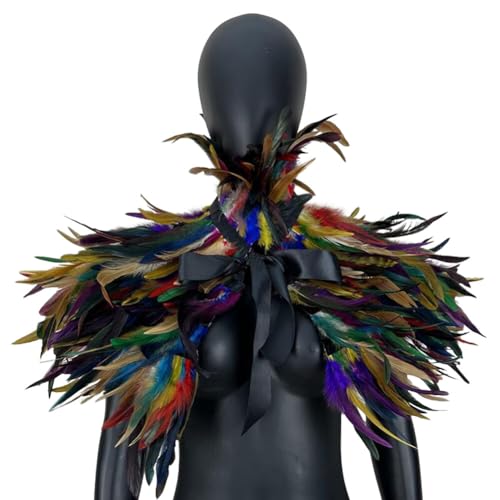 BYNYXI Gothic Federumhang Poncho mit Kragen, Damen Feather Shrug Cape Bunt Feder Shrug Schal Poncho Kragen Punk Gothic Viktorianisch Federumhang Hexe Kostüm für Halloween Maskerade Cosplay Kostüm von BYNYXI