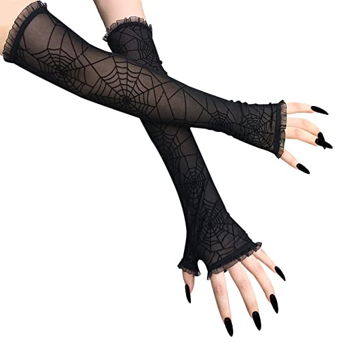 BYNYXI Halloween Lange Handschuhe Spinnennetz, 1 Paar Halbfinger Handschuhe Damen Armstulpen Sonnenschutz Ellenbogen Handschuhe Schwarz Handschuhe Halloween Kostüm Motto Party Zubehör von BYNYXI