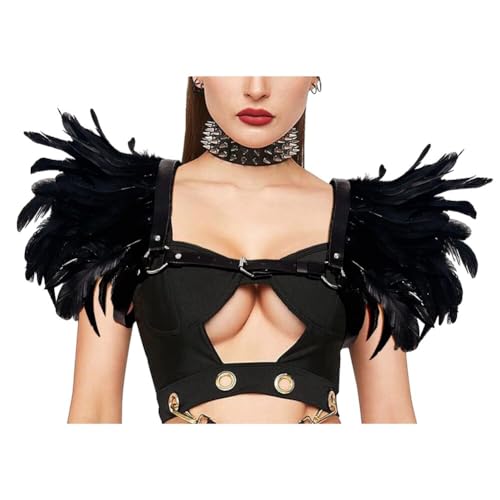 BYNYXI Leder Federkragen, Gotic Federumhang Damen mit Verstellbarer Leder Gürtel Federn Schultern Halloween Maleficent Kostüm für Frauen Feder Shrug Schal Schulterumhang Cape Halloween Cosplay von BYNYXI