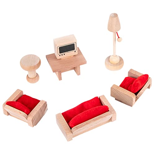 BYNYXI Puppenhaus Möbel Holz Set, 6 Stück Wohnzimmer Puppenstubenmöbel Holz Miniatur Puppenhaus Holzmöbel Zubehör Küche Schlafzimmer Badezimmer Puppenhaus Zubehör für Mini Puppenhaus Ausstattung von BYNYXI