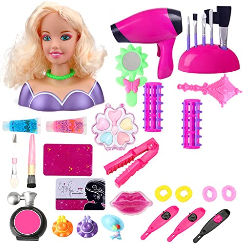 BYNYXI Spielzeug Frisierkopf Kinder, Super Model Schminkkopf Schminke Puppenkopf Styling Head Kinder mit Haar Kamm Schminkpuppe Zubehör Rollenspiel Spielzeug Geschenk für Mädchen Prinzessin-35PCS von BYNYXI