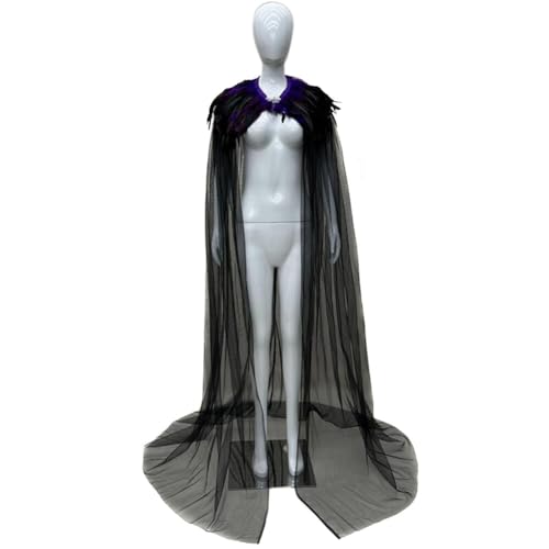 Gothic Federumfang Tüll Umhang, Maleficent Cosplay Damen Witch Umhang Lang Schnürung Halloween Umhang mit Federkragen Feder Vampir Lange Kleid für Halloween Cosplay Weihnachten Party Kostüm, 180cm von BYNYXI