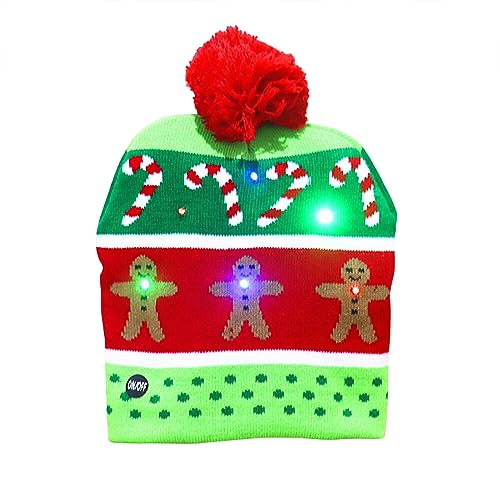 LED Weihnachtsmütze, Leuchtende Strickmütze Bommelmütze Damen Kinder Winter Weihnachten Beanie Mütze mit Weihnachtsbäume Schneemänner Muster Warme Weihnachtsmützen Mütze für Kinder Erwachsene von BYNYXI