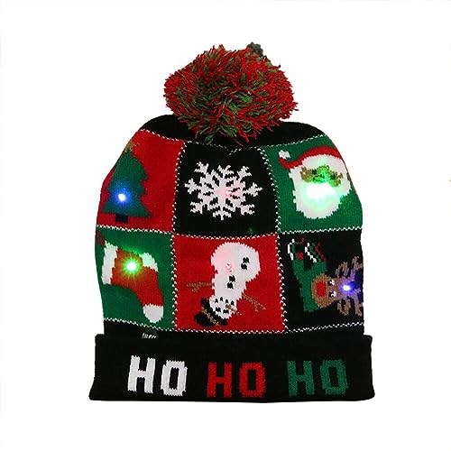LED Weihnachtsmütze, Leuchtende Strickmütze Bommelmütze Damen Kinder Winter Weihnachten Beanie Mütze mit Weihnachtsbäume Schneemänner Muster Warme Weihnachtsmützen Mütze für Kinder Erwachsene von BYNYXI