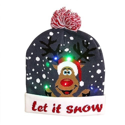 LED Weihnachtsmütze, Leuchtende Strickmütze Bommelmütze Damen Kinder Winter Weihnachten Beanie Mütze mit Weihnachtsbäume Schneemänner Muster Warme Weihnachtsmützen Mütze für Kinder Erwachsene von BYNYXI